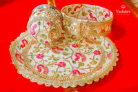 Floral Karwa Chauth Thali Set – 3 Pcs (Thali, Lota, Chalni) | Phoolwari Collection