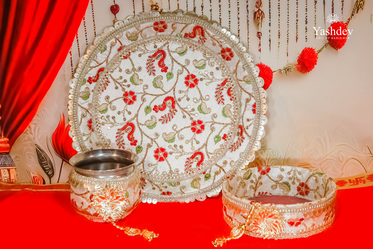 Floral Karwa Chauth Thali Set – 3 Pcs (Thali, Lota, Chalni) | Phoolwari Collection
