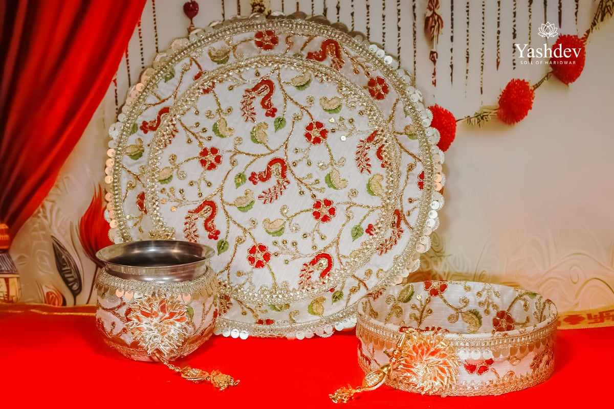 Floral Karwa Chauth Thali Set – 3 Pcs (Thali, Lota, Chalni) | Phoolwari Collection