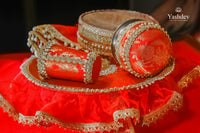 Radiant Karwa Chauth Thali Set – 5 Pcs (Thali, Lota, Glass, Chalni, Odhni) | Suhagan Collection