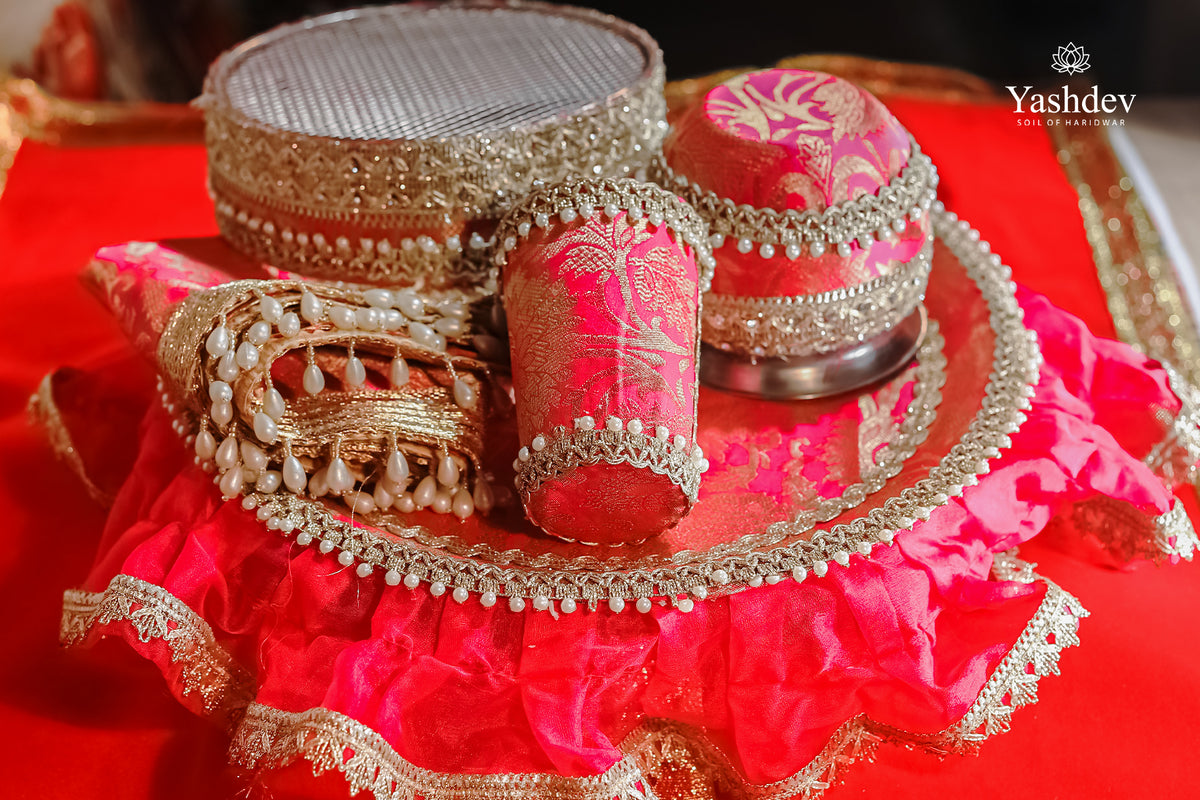 Radiant Karwa Chauth Thali Set – 5 Pcs (Thali, Lota, Glass, Chalni, Odhni) | Suhagan Collection