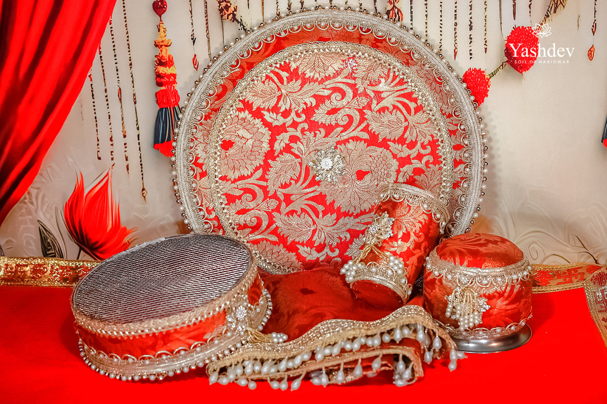 Ornate Karwa Chauth Thali Set – 5 Pcs (Thali, Lota, Glass, Chalni, Odhni) | Mangalmayi Collection