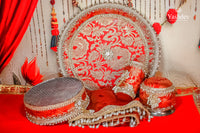 Ornate Karwa Chauth Thali Set – 5 Pcs (Thali, Lota, Glass, Chalni, Odhni) | Mangalmayi Collection