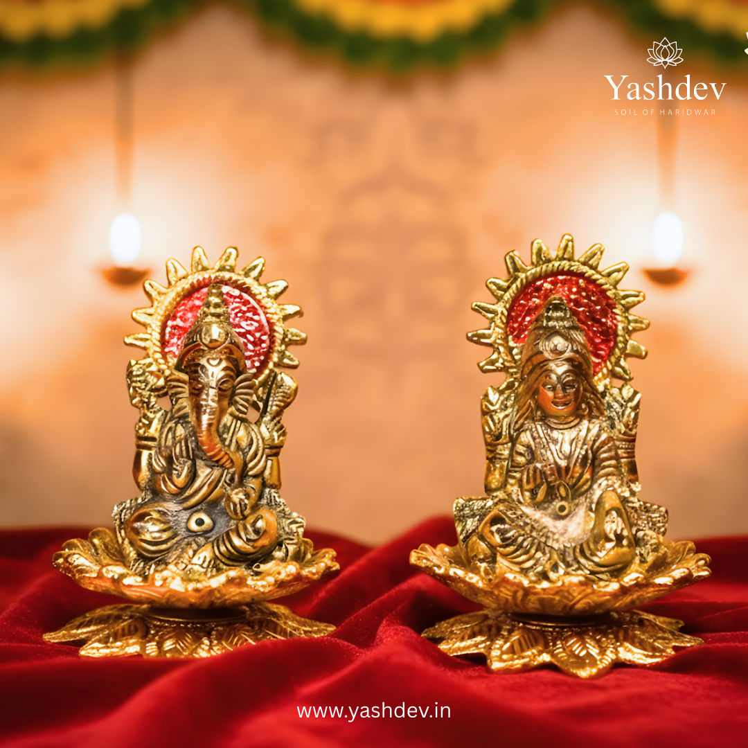 Lakshmi Ganesh Idol Pair with Lotus Base – Antique Gold Finish