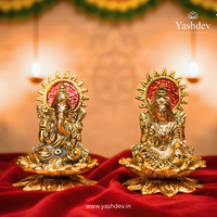 Lakshmi Ganesh Idol Pair with Lotus Base – Antique Gold Finish