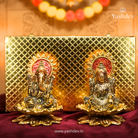 Lakshmi Ganesh Idol Pair with Lotus Base – Antique Gold Finish