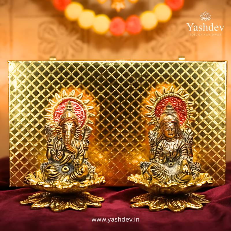 Lakshmi Ganesh Idol Pair with Lotus Base – Antique Gold Finish