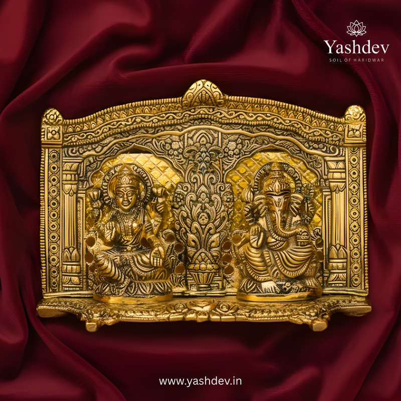 Lakshmi Ganesh Idol with Decorative Back Panel – Antique Gold Finish