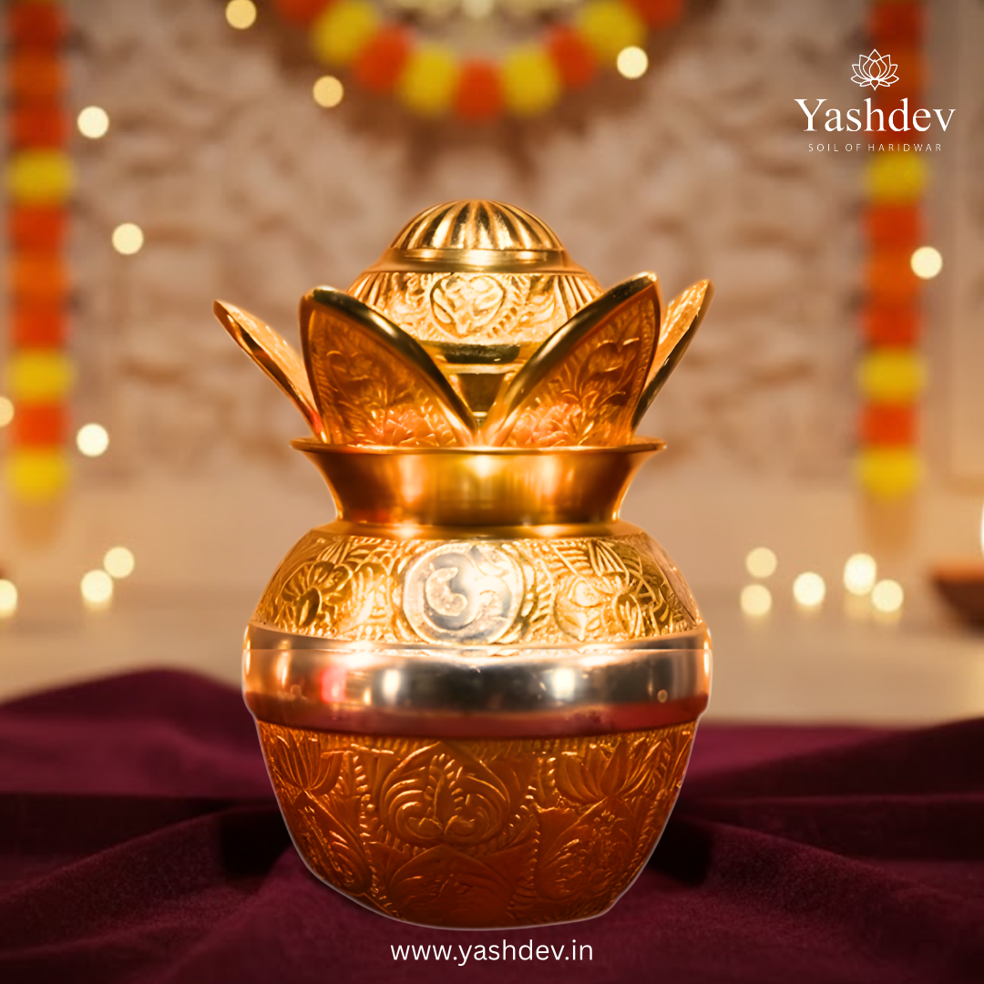 Kalash with Detachable Lotus Top – Antique Gold-Silver Finish