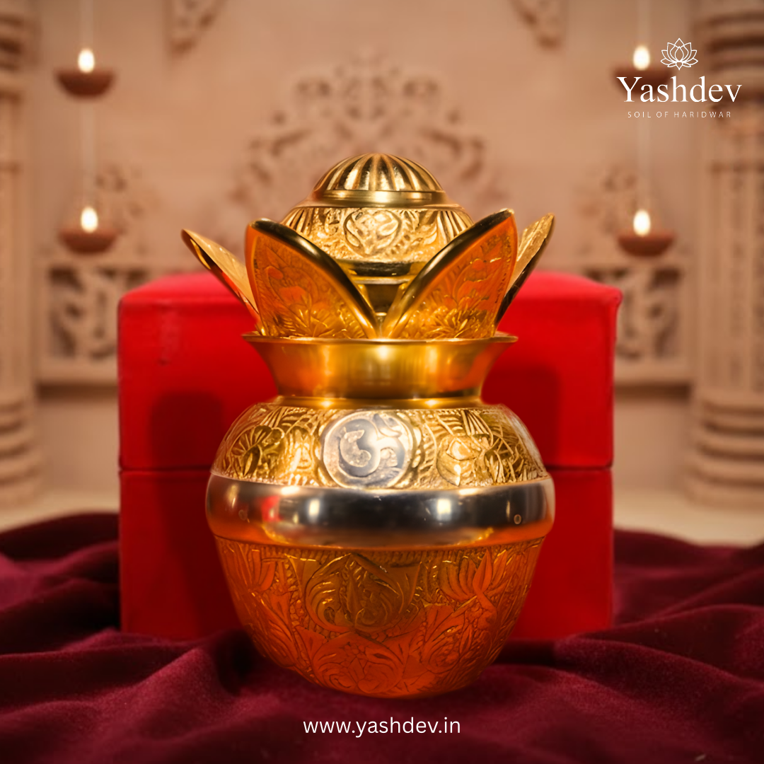 Kalash with Detachable Lotus Top – Antique Gold-Silver Finish