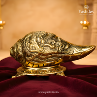 Antique Gold Finish Vishnu Carved Shankh with Base – Decorative Idol Set