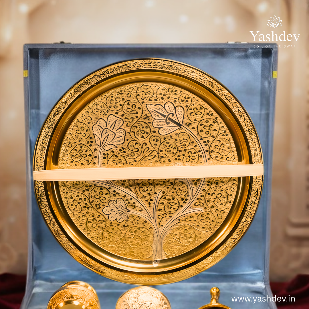 Gold & Silver Finish Pooja Thali Set with Velvet Box – 7 Pieces