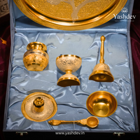 Gold & Silver Finish Pooja Thali Set with Velvet Box – 7 Pieces