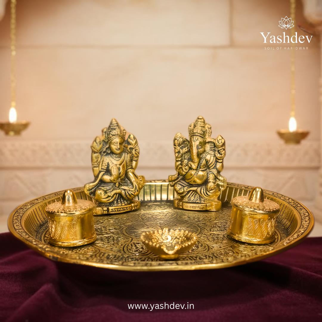 Lakshmi Ganesh Pooja Thali with Fixed Idols – 1 Piece (Antique Gold Finish)