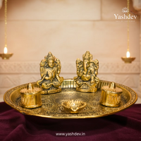 Lakshmi Ganesh Pooja Thali with Fixed Idols – 1 Piece (Antique Gold Finish)